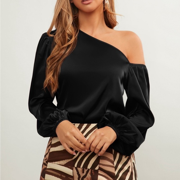 Satin off the shoulder long sleeve blouse black - Picture 1 of 5